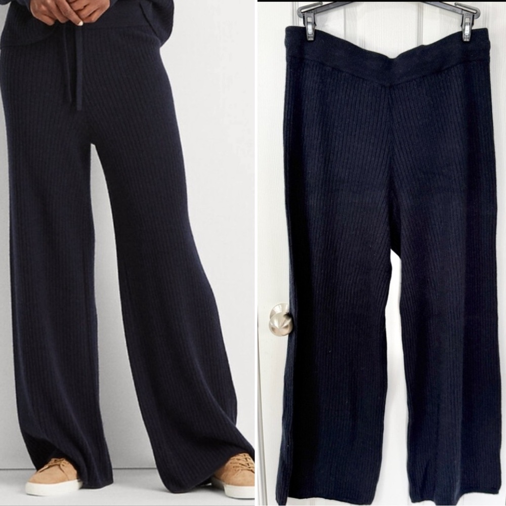 LAUREN RALPH LAUREN Washable 100% Cashmere Ribbed Wide Leg Pant Womens XL Navy